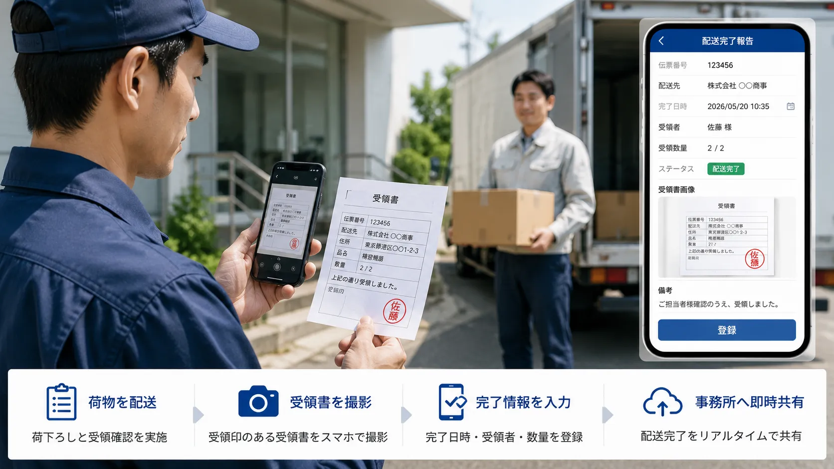 トラックドライバーが配送を終えた後、安全な停車場所で受領書をスマートフォン撮影し、配送完了時刻と受領者を登録する様子