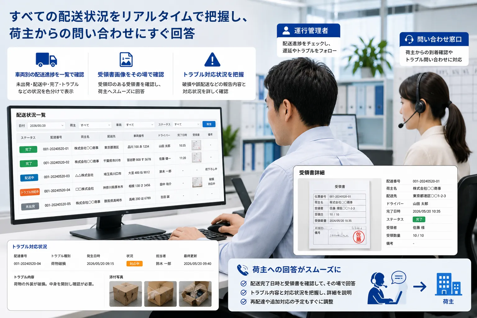 運行管理者と問い合わせ窓口の担当者がパソコンで車両別の配送完了状況、受領書画像、トラブル対応状況を確認する様子