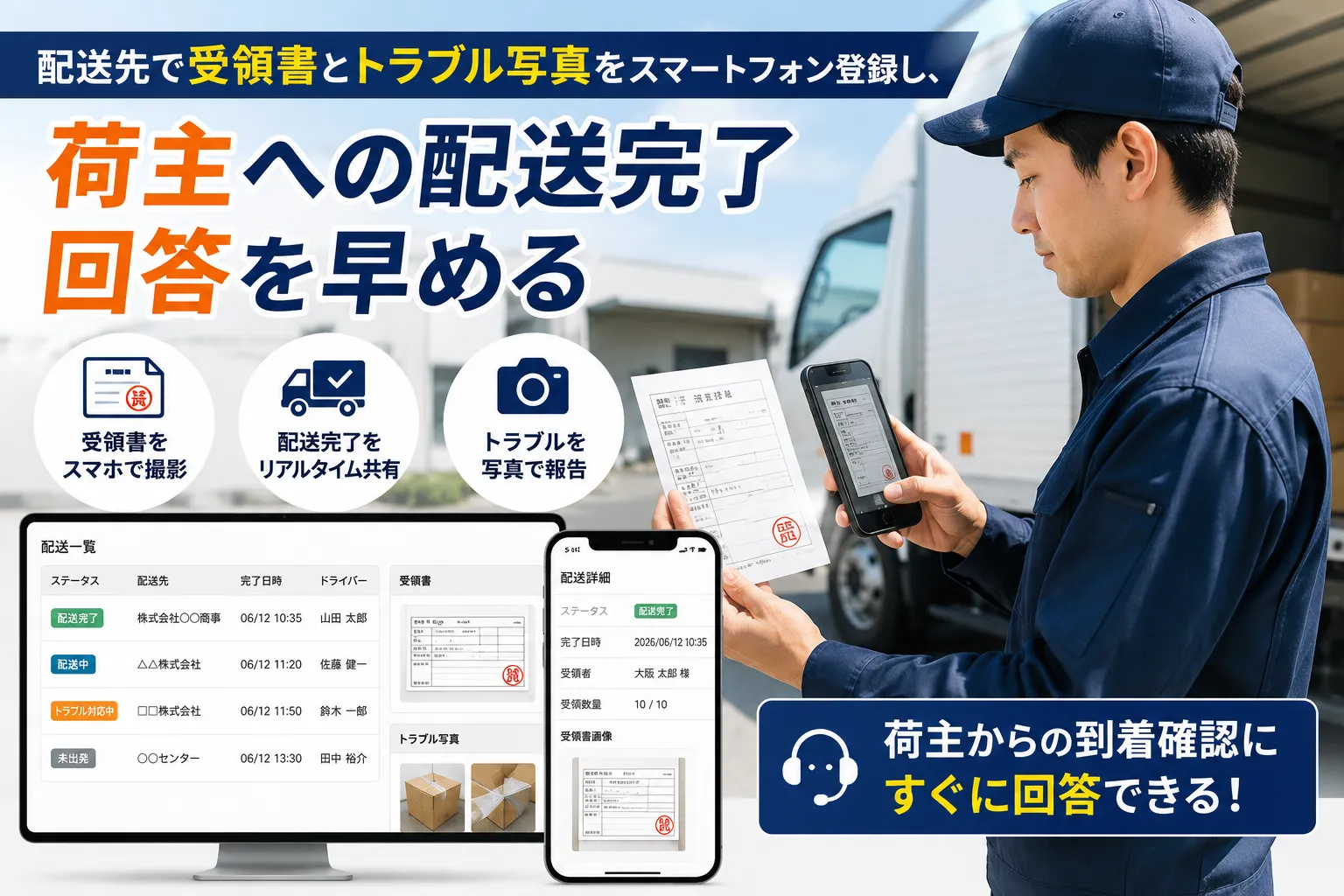 トラックドライバーが配送先で受領印のある受領書をスマートフォンで撮影して配送完了を報告する様子
