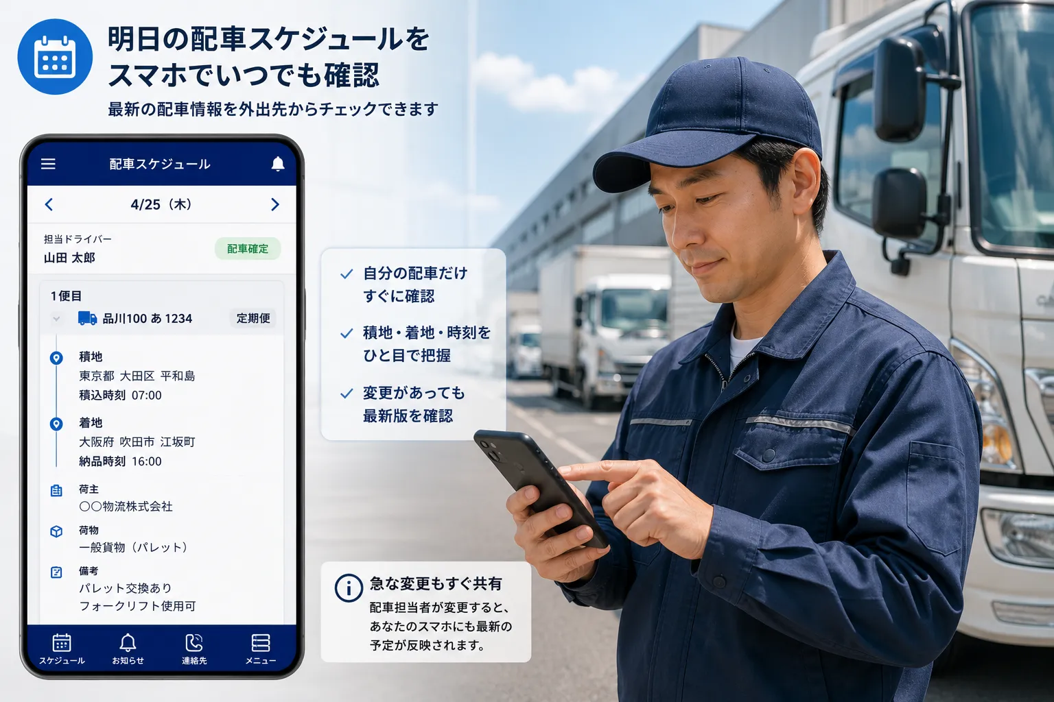 トラックドライバーが外出先のスマートフォンから翌日の車番、積地、着地、積込時刻、納品時刻を確認する様子