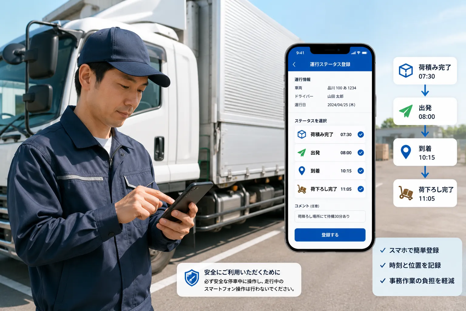 トラックドライバーが安全な停車中にスマートフォンから荷積み、出発、到着、荷下ろし完了の状態を登録する様子