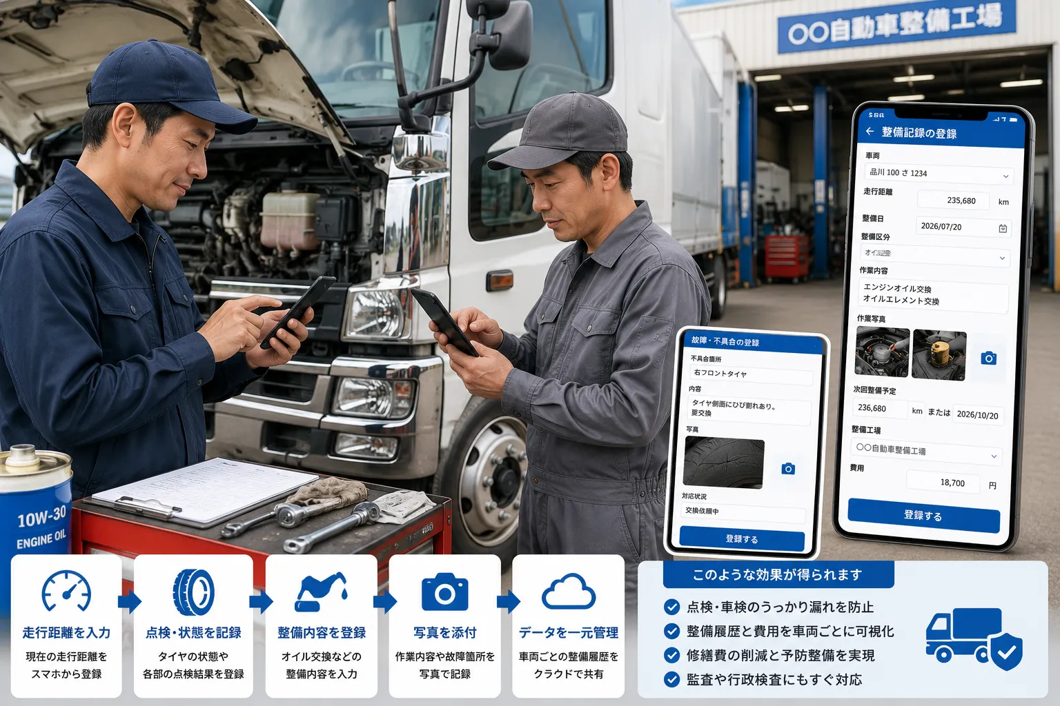 トラックの横でドライバーと整備工場担当者がスマートフォンから走行距離、タイヤ、オイル、故障箇所、整備写真を登録する様子