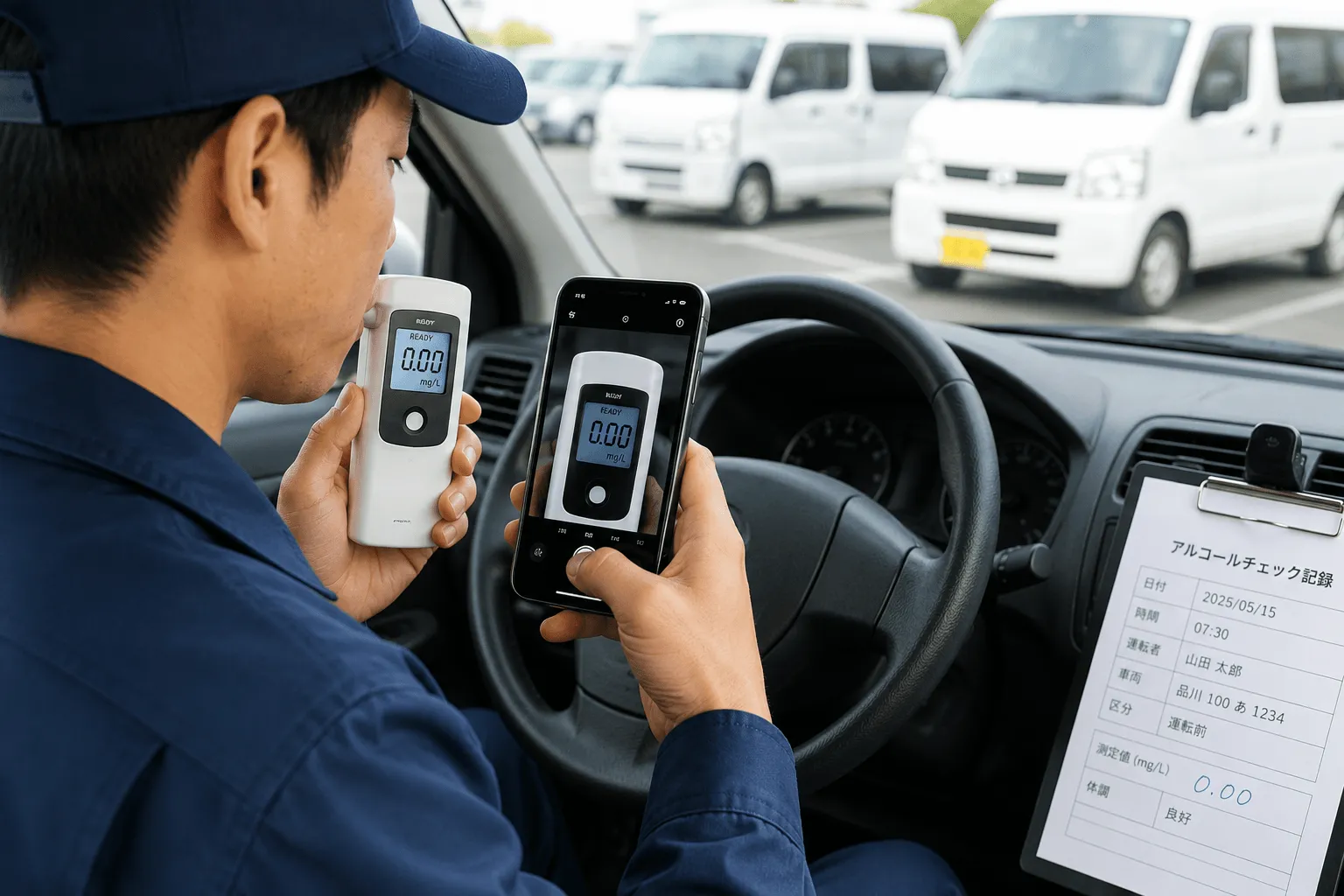 社用車の運転者がアルコールチェッカーで測定し、表示された測定値をスマートフォンで撮影する様子