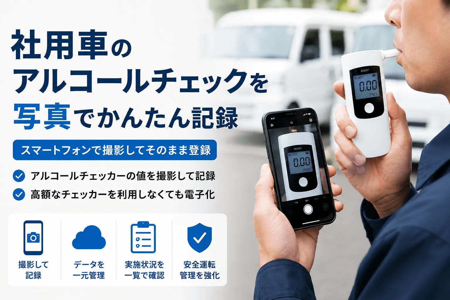 社用車のアルコールチェックを写真付きで記録のイメージ