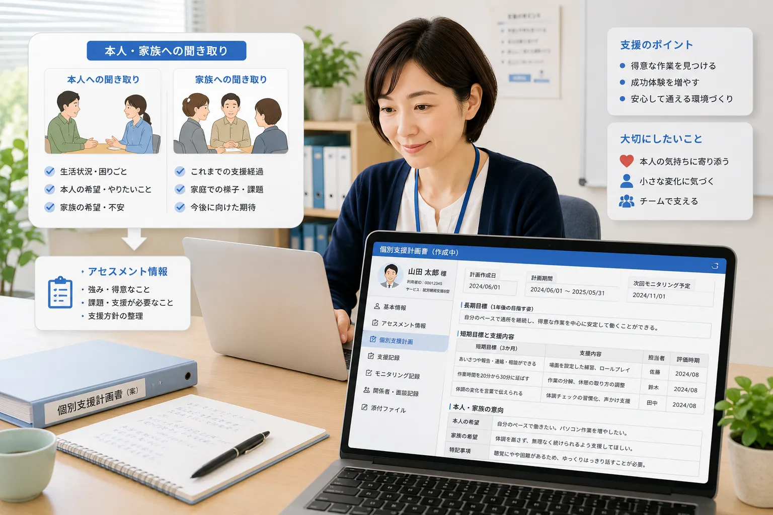 障害福祉事業所のサービス管理責任者が本人と家族への聞き取り内容を確認し、パソコンから個別支援計画を作成する様子